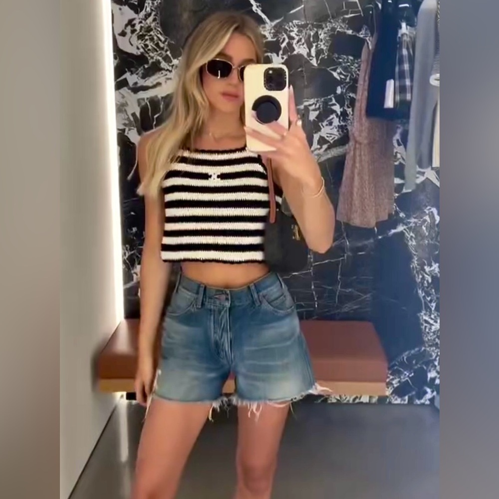 Celine Triomphe SS 2024 Striped Crocheted Crop Top, Black & White, Sleeveless